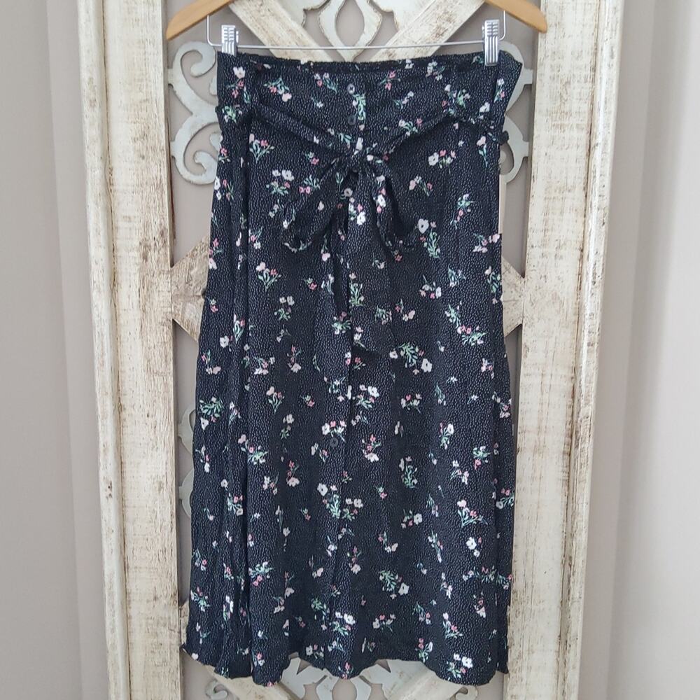 SO Women's Button Front Tie Belted Smocked Waist A-line Midi Skirt Black Floral
